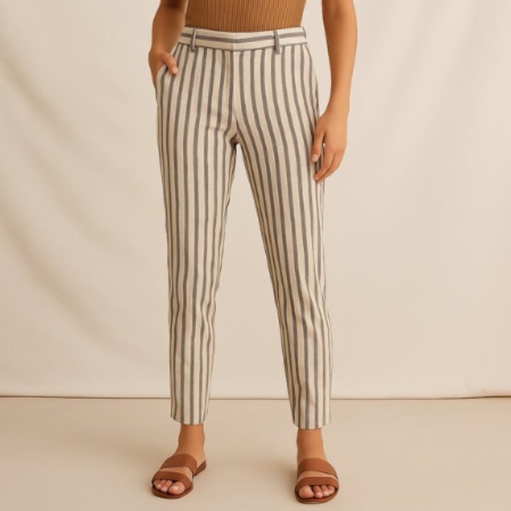 Ann Taylor LOFT Straight Leg Linen Pants Beige Striped, Size 6 Lightweight